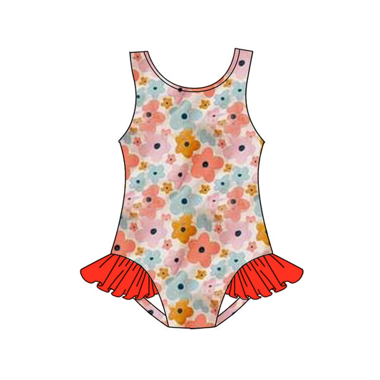 (Pre-order)S0502 Pink Orange Blue Flowers Print Girls 1 Pieces Swimsuits