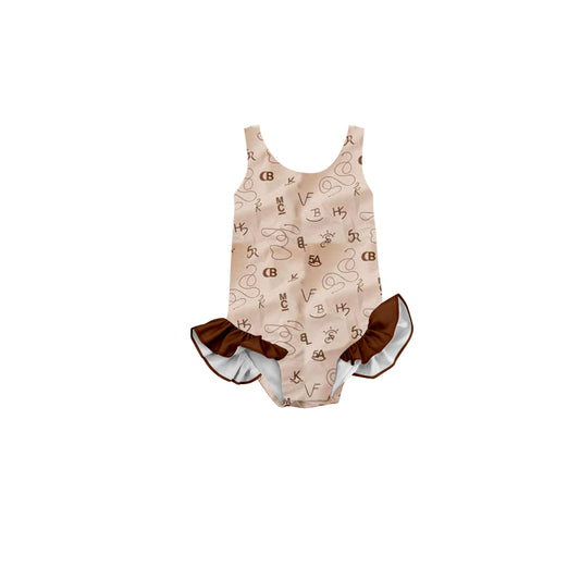 (Pre-order)S0504 Western Wild Brown Print Girls 1 Pieces Swimsuits