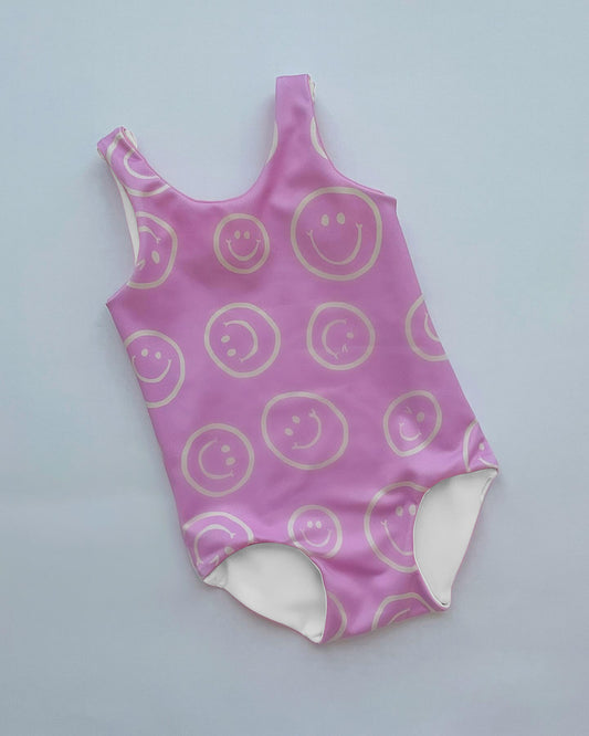 (Pre-order)S0513  Smiling Face Pink Print Girls 1 Pieces Swimsuits