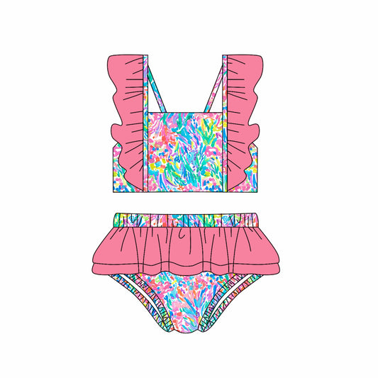 (Pre-order)S0517  Colorful Seaweed Print Girls 2 Pieces Swimsuits