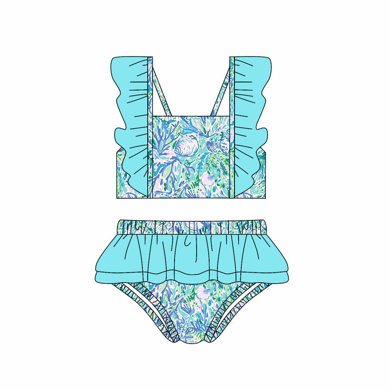 (Pre-order)S0523  Seaweed Flowers Blue Print Girls 2 Pieces Swimsuits