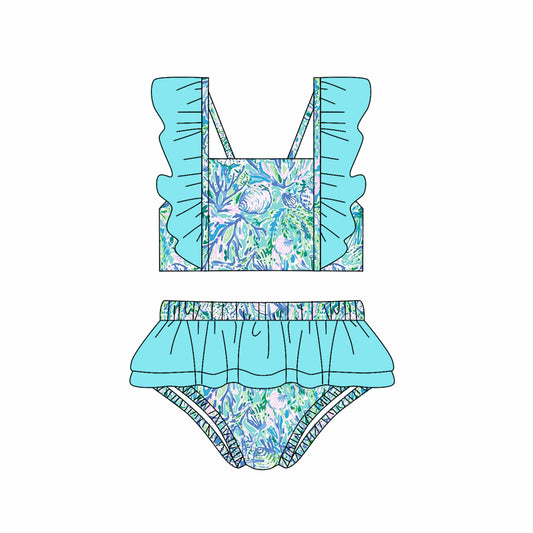 (Pre-order)S0523  Seaweed Flowers Blue Print Girls 2 Pieces Swimsuits