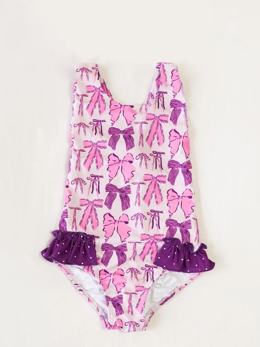 (Pre-order)S0533  Purple Bows Print Girls Summer 1 Piece Swimsuits