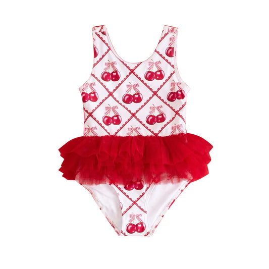 (Pre-order)S0536  Cherry Bows Print Girls Summer 1 Piece Tulle Swimsuits