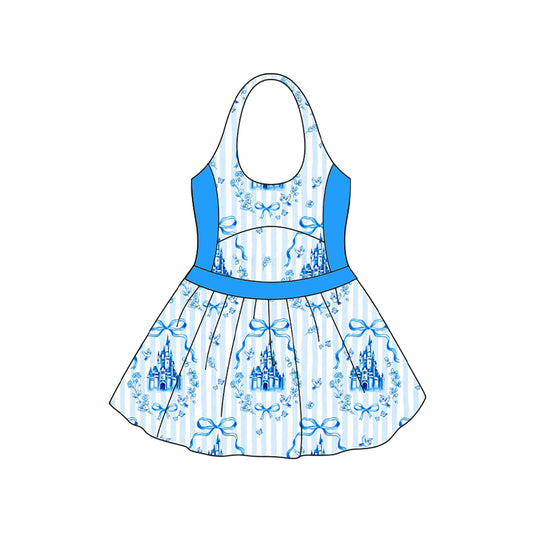 (Pre-order)S0538  Blue Flowers Castle Bows Print Girls Summer 1 Piece Swimsuits