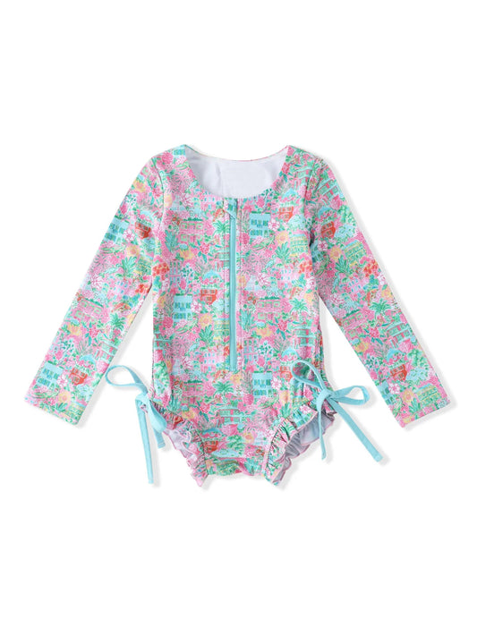 (Pre-order)S0539  Pink Flowers Print Girls Long Sleeve 1 Piece Swimsuits