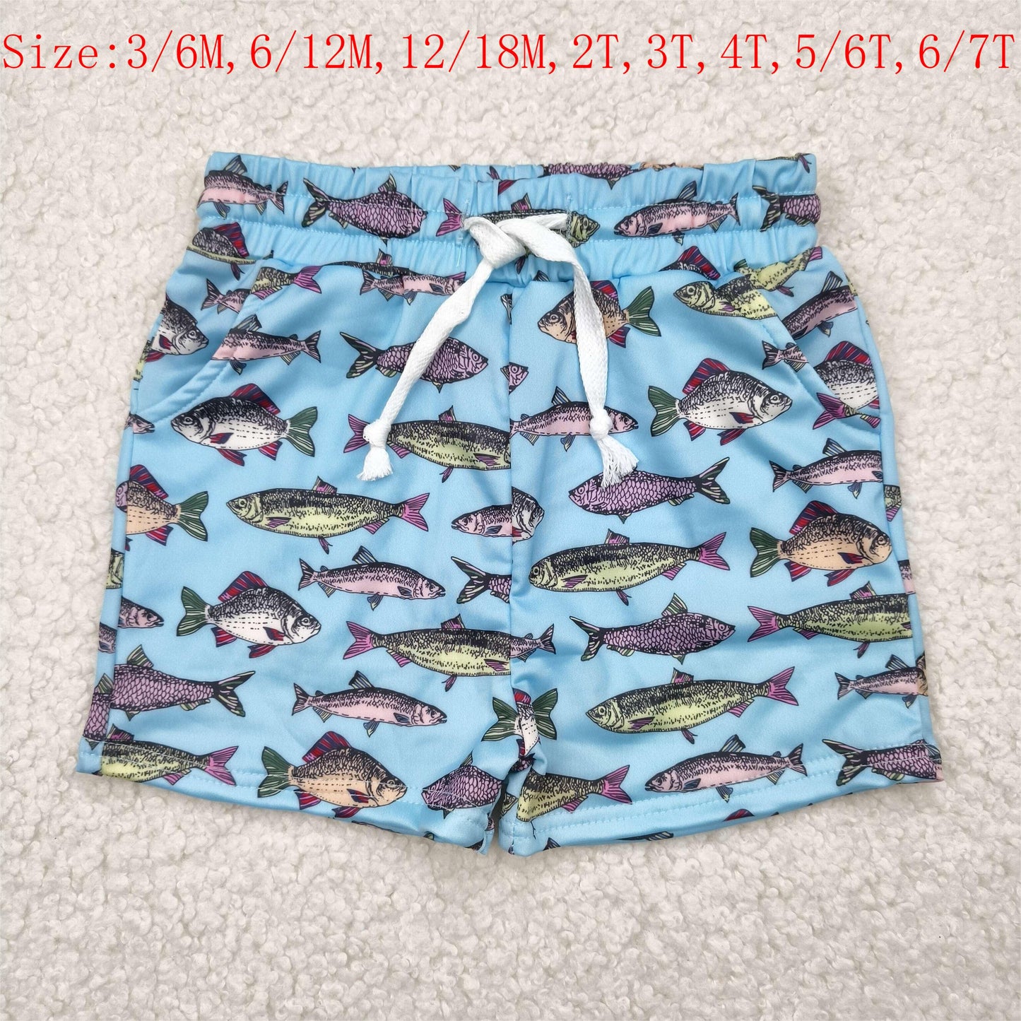 S0542 Fish Blue Print Boys Summer Swim Trunks