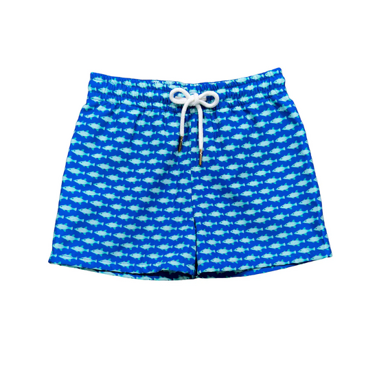 (Pre-order)S0543 Blue Fish Print Boys Summer Swim Trunks