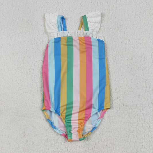 S0550  Colorful Stripes Print Girls 1 Piece Swimsuits