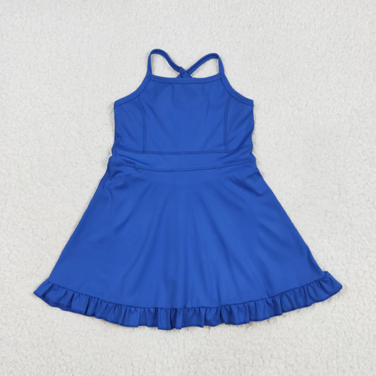 S0551 Blue Color Girls Knee Length Shorts Yoga Dress 1 Pieces Swimsuits