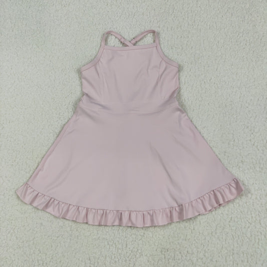 S0553 Pink Color Girls Knee Length Shorts Yoga Dress 1 Pieces Swimsuits