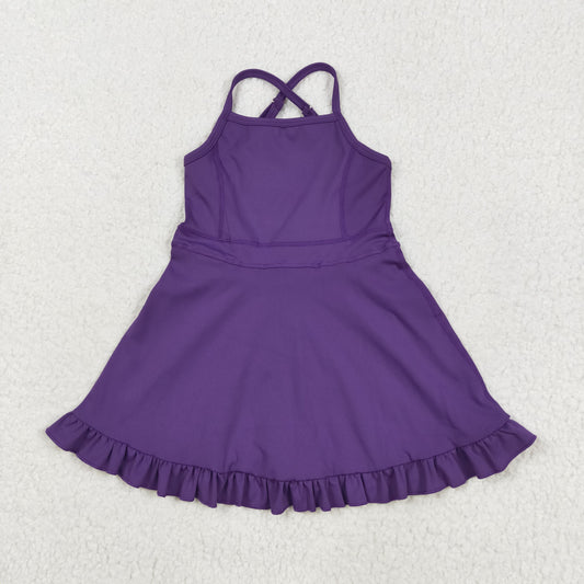 S0554 Purple Color Girls Knee Length Shorts Yoga Dress 1 Pieces Swimsuits