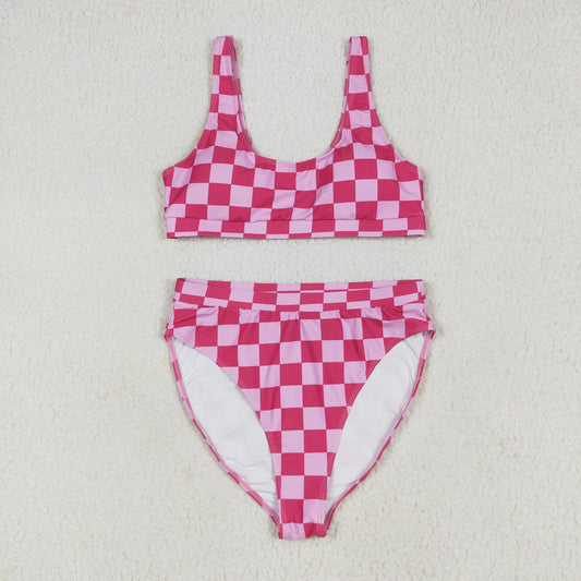 S0559 Adult Pink Plaid Print Woman 2 Pieces Swimsuits