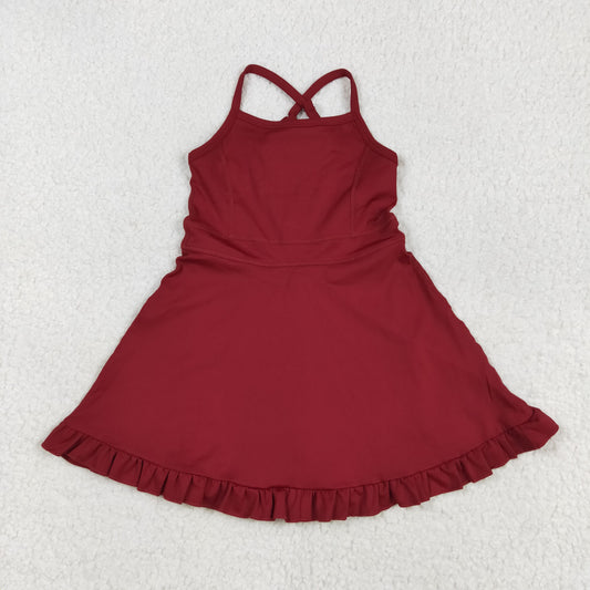 S0568 Wine Color Girls Knee Length Yoga Dress
