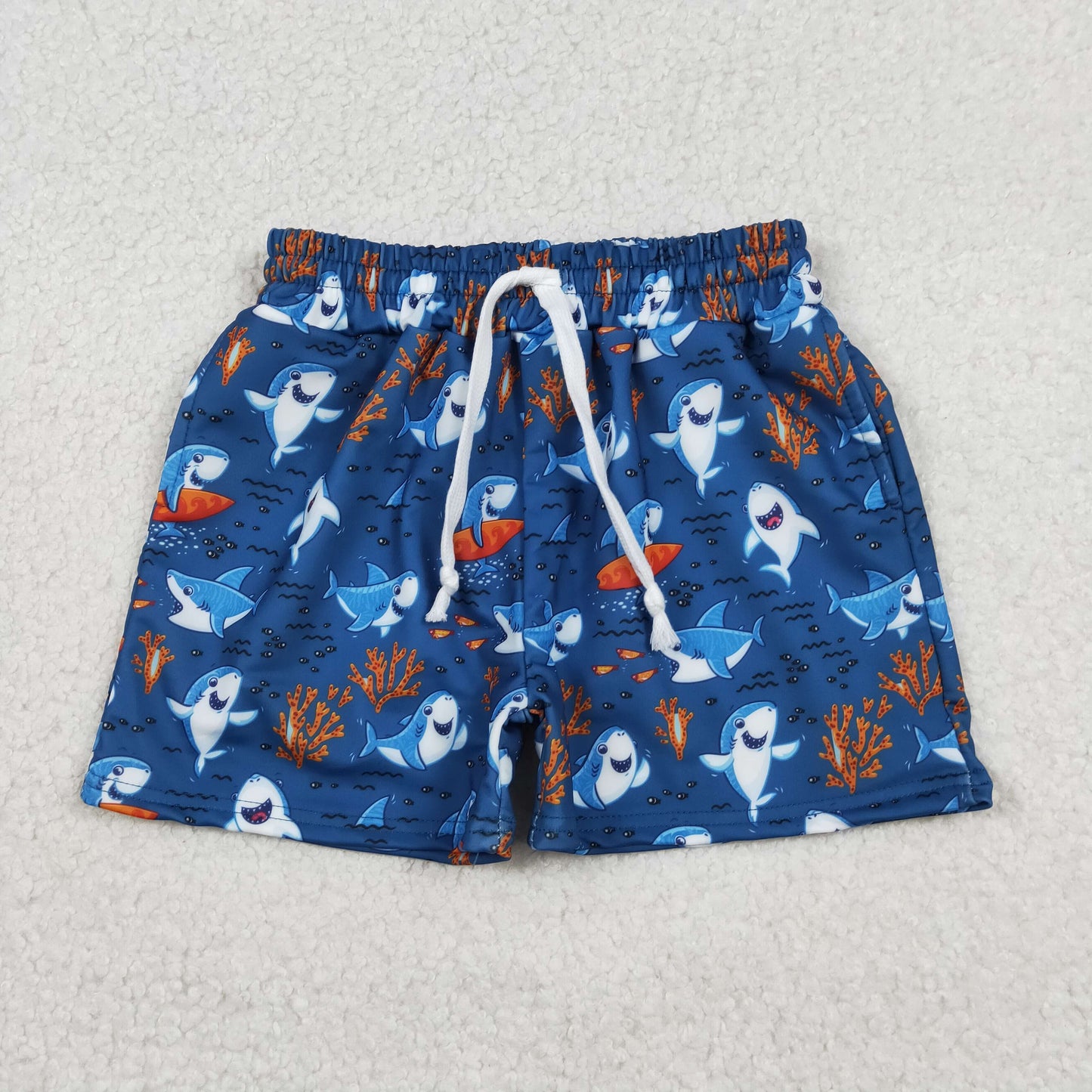 S0585 Shark Coral Print Boys Summer Swim Trunks