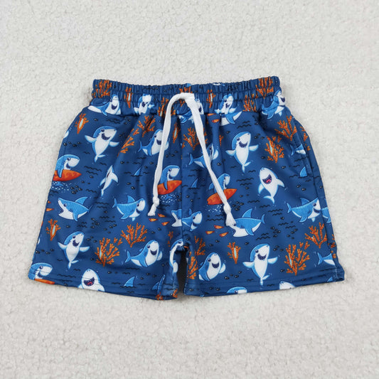 S0585 Shark Coral Print Boys Summer Swim Trunks