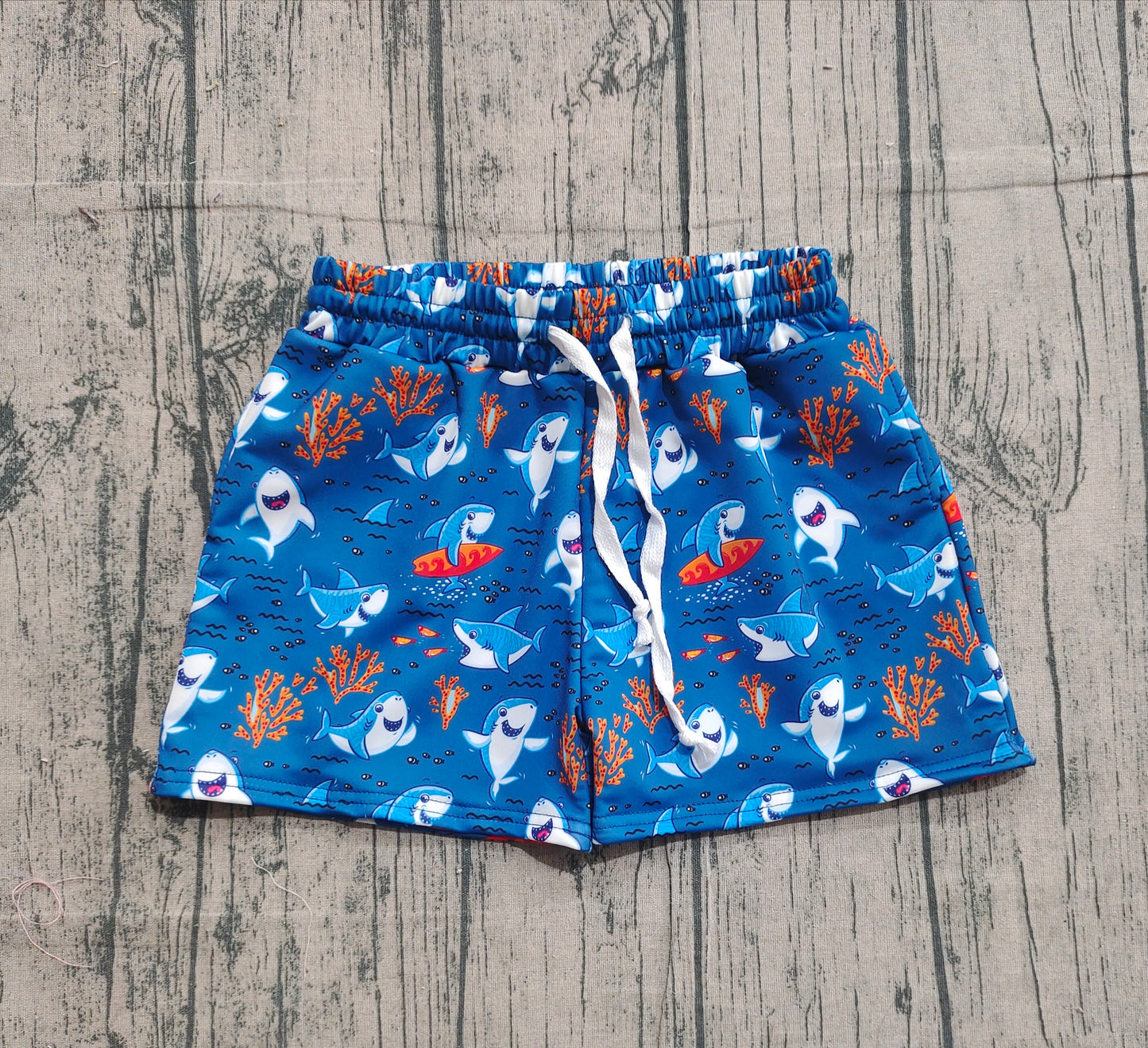 (Pre-order)S0585 Shark Coral Print Boys Summer Swim Trunks