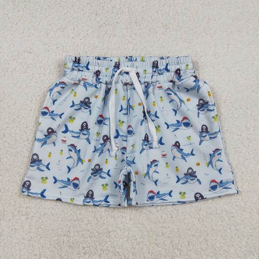 S0586 Shark Blue Print Boys Summer Swim Trunks