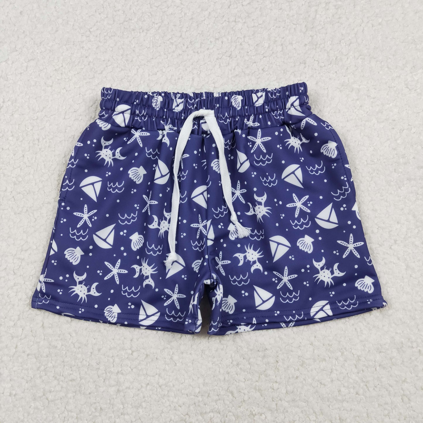 S0587 Crab Shell Navy Print Boys Summer Swim Trunks