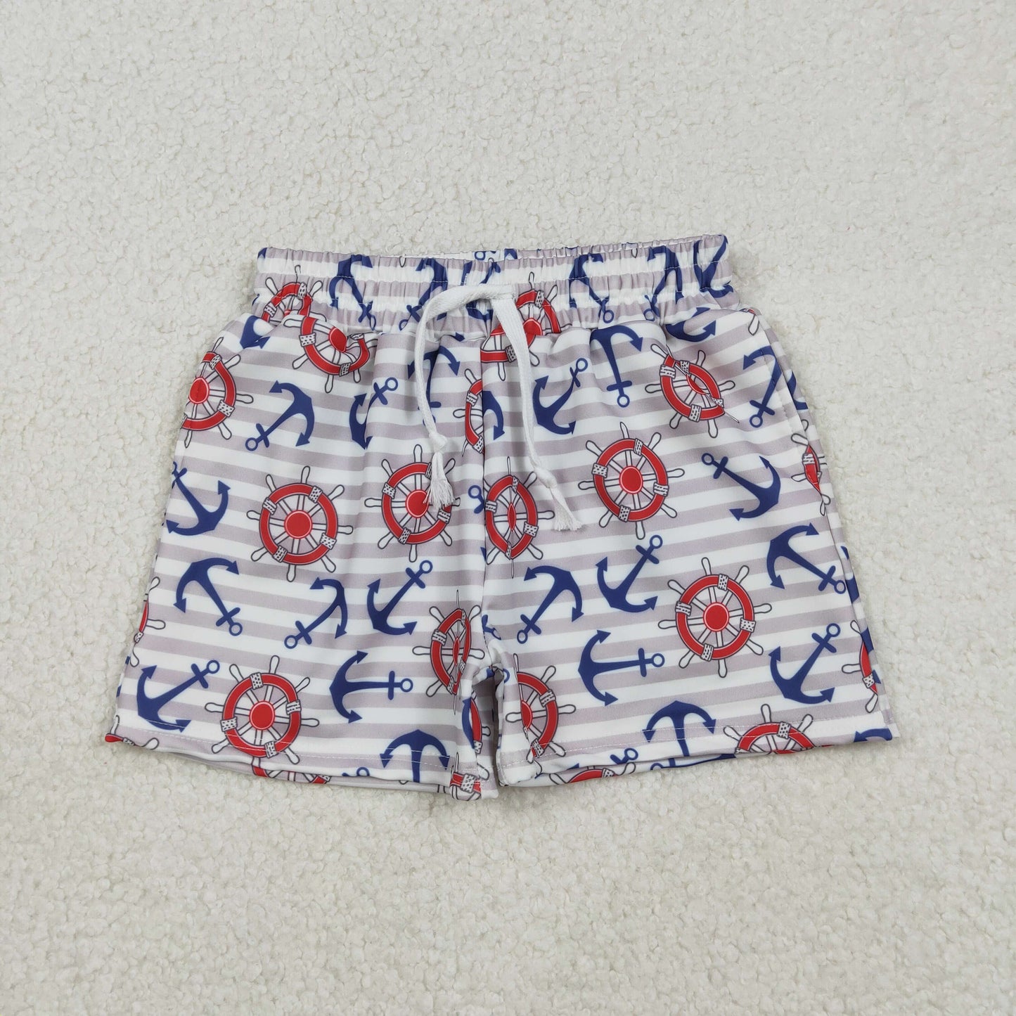 S0589 Anchor Stripes Print Boys Summer Swim Trunks