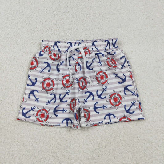 S0589 Anchor Stripes Print Boys Summer Swim Trunks