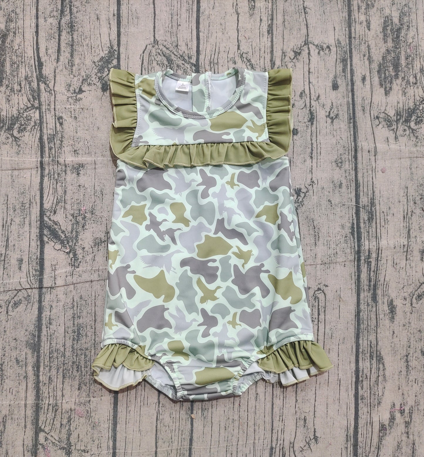 (Pre-order)S0596  Duck Green Camo Print Girls Summer Ruffle 1 Piece Swimsuits