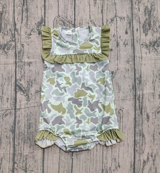 (Pre-order)S0596  Duck Green Camo Print Girls Summer Ruffle 1 Piece Swimsuits