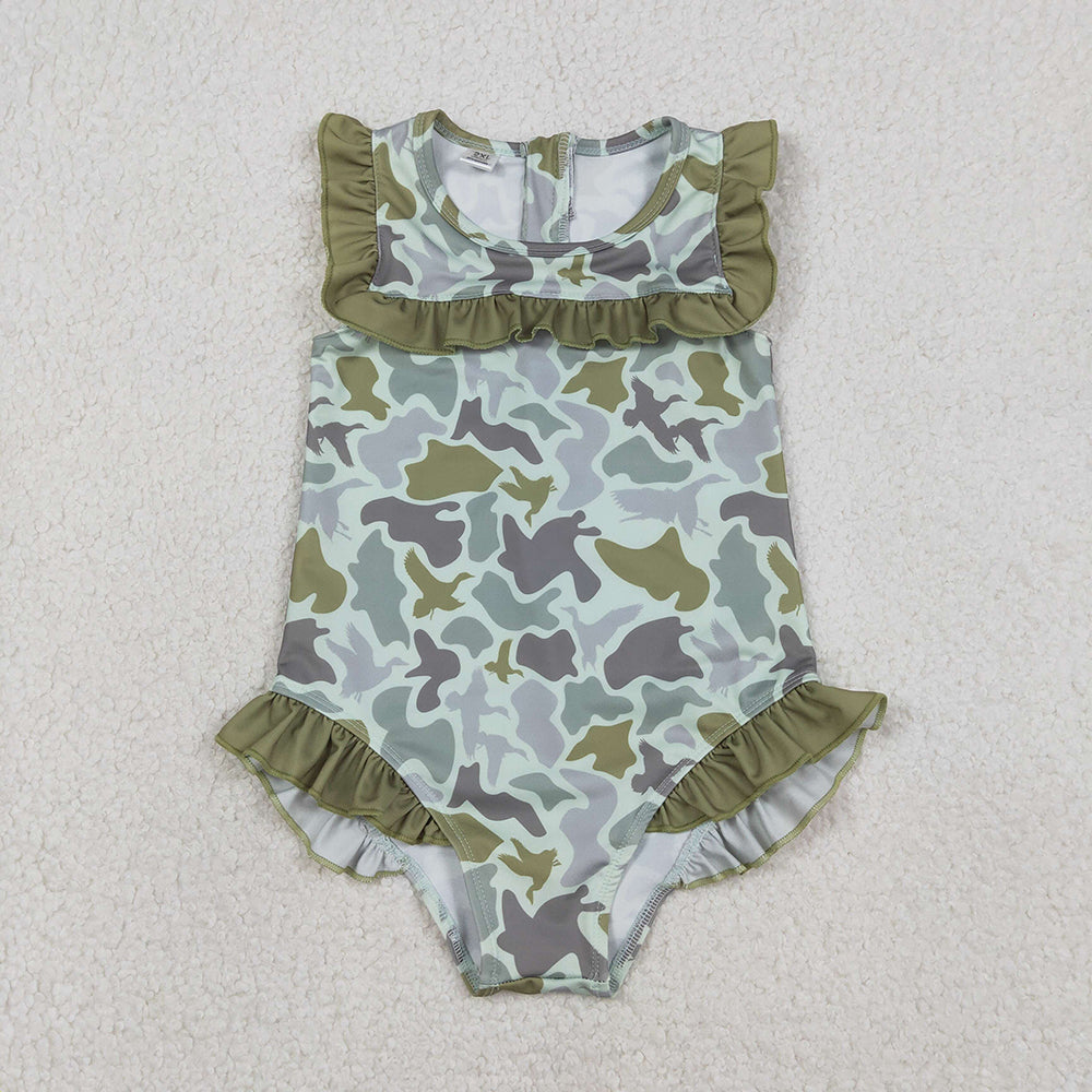 S0596  Duck Green Camo Print Girls Summer Ruffle 1 Piece Swimsuits