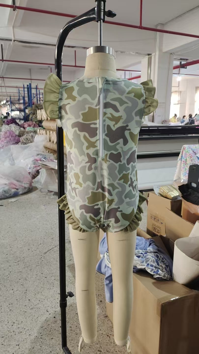 S0596  Duck Green Camo Print Girls Summer Ruffle 1 Piece Swimsuits