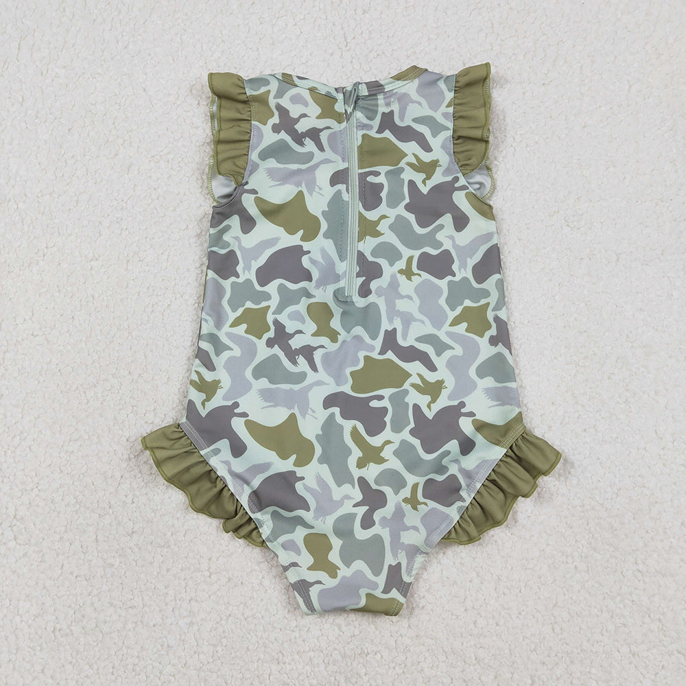 S0596  Duck Green Camo Print Girls Summer Ruffle 1 Piece Swimsuits
