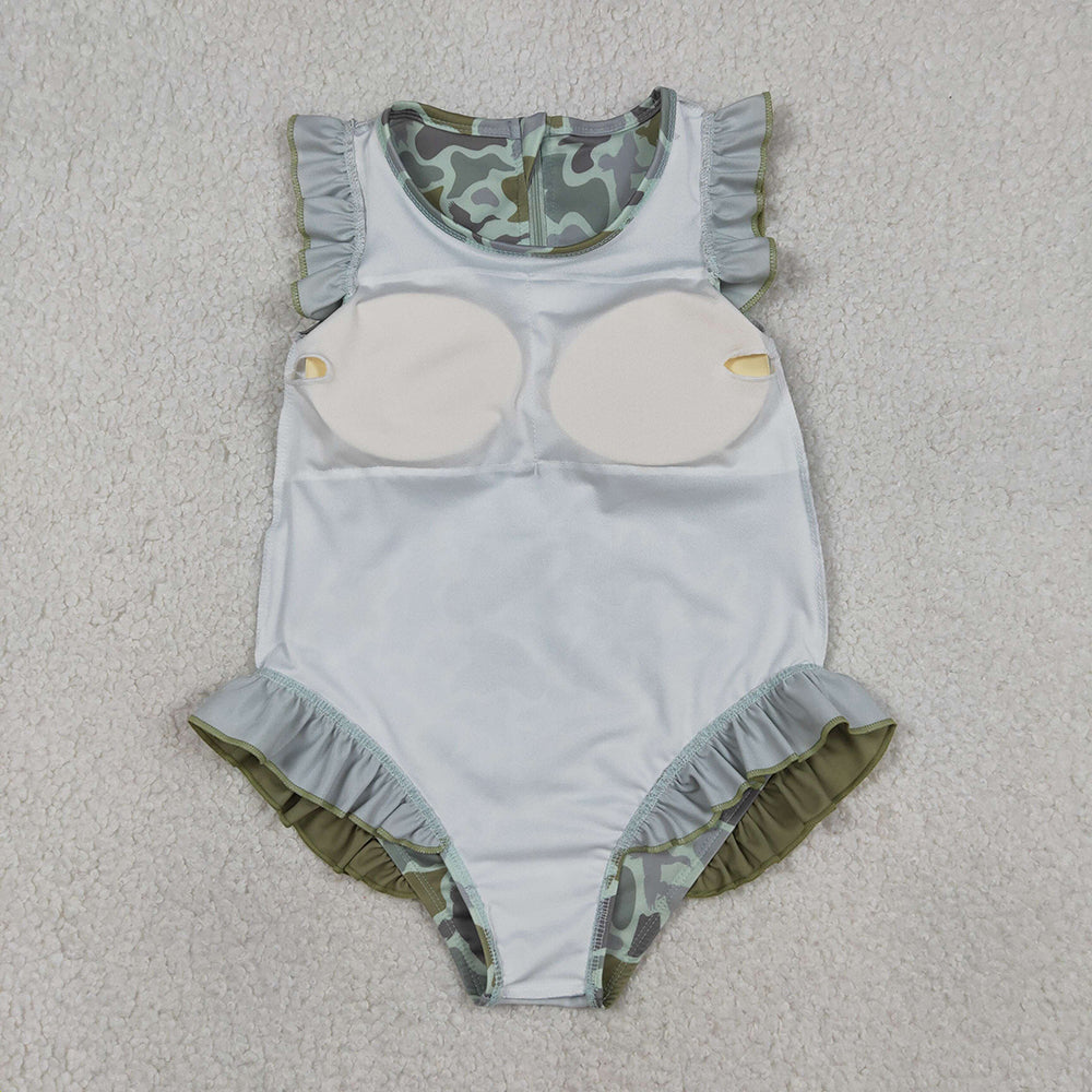 S0596  Duck Green Camo Print Girls Summer Ruffle 1 Piece Swimsuits