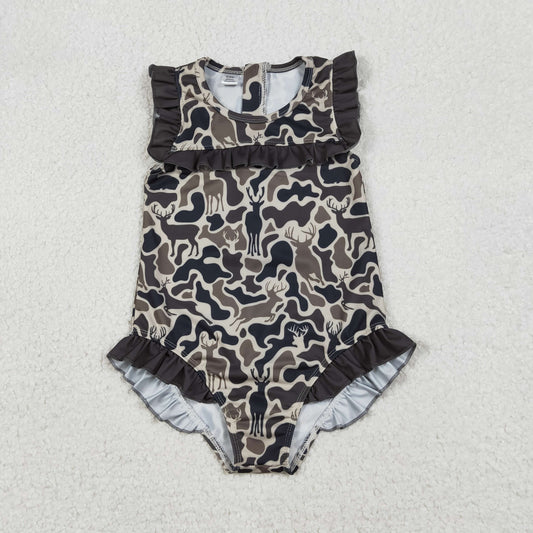 S0597  Deer Dark Brown Camo Print Girls Summer Ruffle 1 Piece Zipper Swimsuits