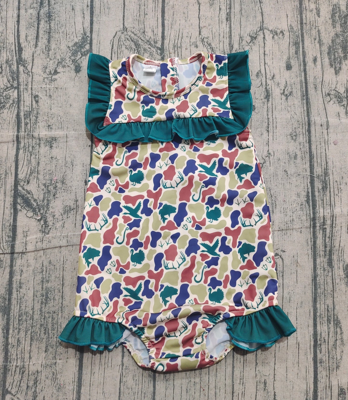 (Pre-order)S0598  Green Brown Camo Print Girls Summer Ruffle 1 Piece Swimsuits