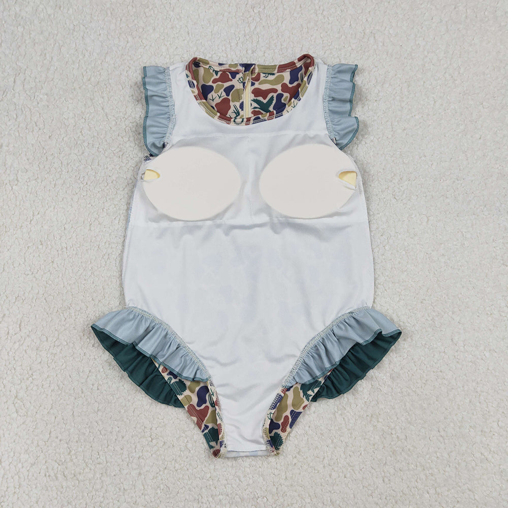 S0598  Green Brown Camo Print Girls Summer Ruffle 1 Piece Swimsuits