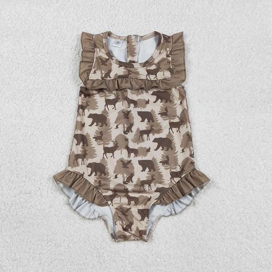 S0599  Animals Brown Camo Print Girls Summer Ruffle 1 Piece Swimsuits