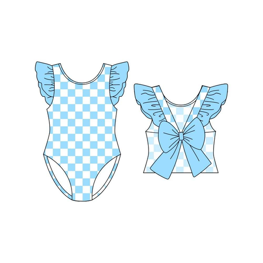 (Pre-order)S0707  Blue Plaid Print Girls 1 Piece Swimsuits