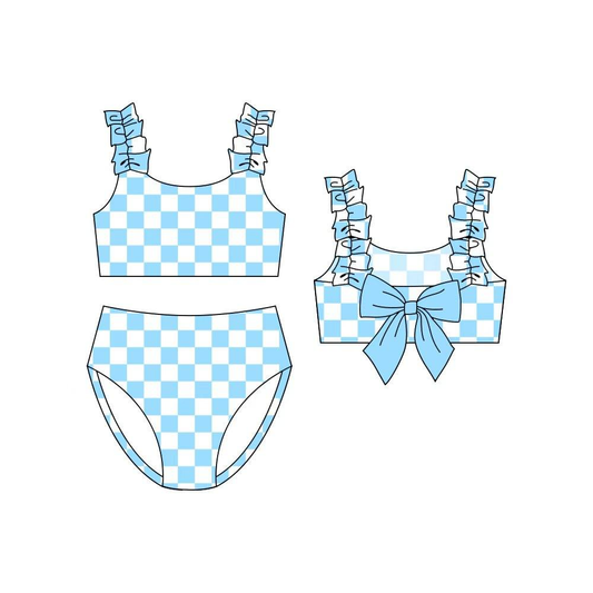 (Pre-order)S0708  Blue Plaid Print Girls 2 Pieces Swimsuits