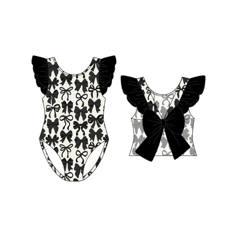 (Pre-order)S0709  Black Bows Print Girls 1 Piece Swimsuits