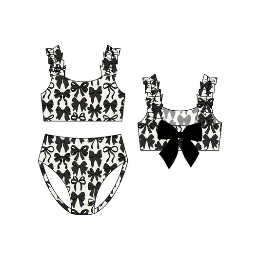 (Pre-order)S0710  Black Bows Print Girls 2 Pieces Swimsuits
