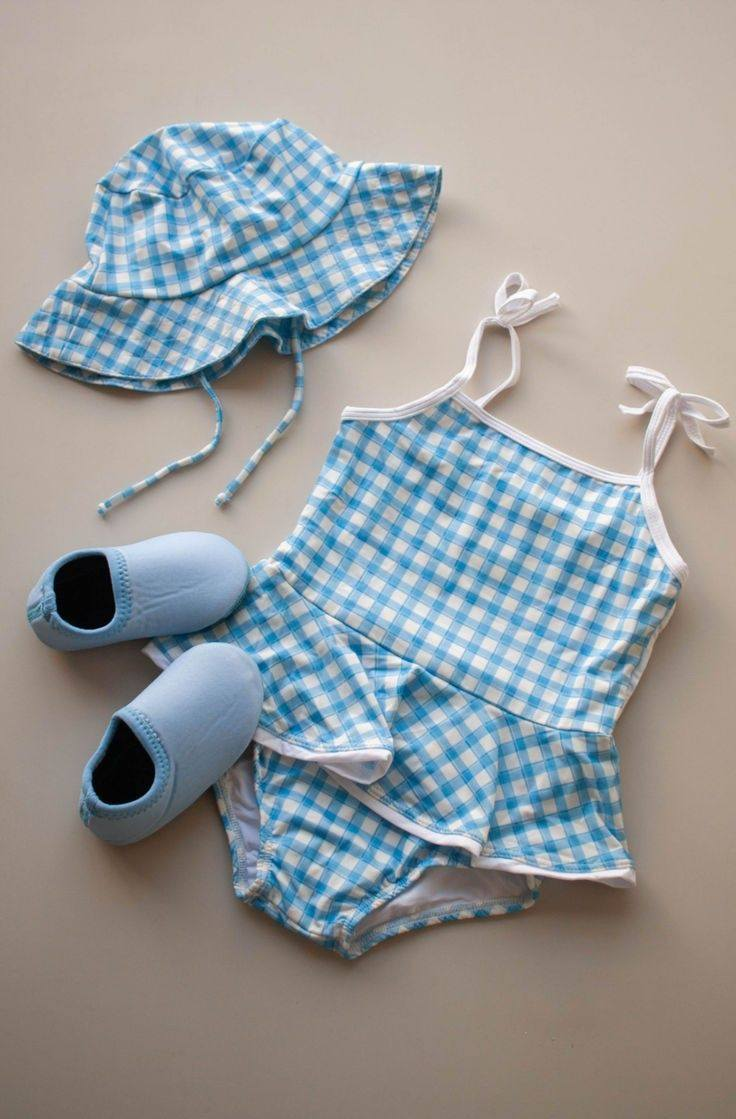 (Pre-order)S0711  Blue Plaid Print Ruffle Girls 1 Piece Strap Swimsuits