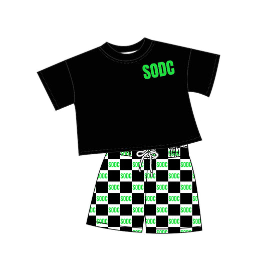 (Custom Design Preorder MOQ 5) Team's SODC Black Top Plaid Shorts Kids Summer Clothes Set
