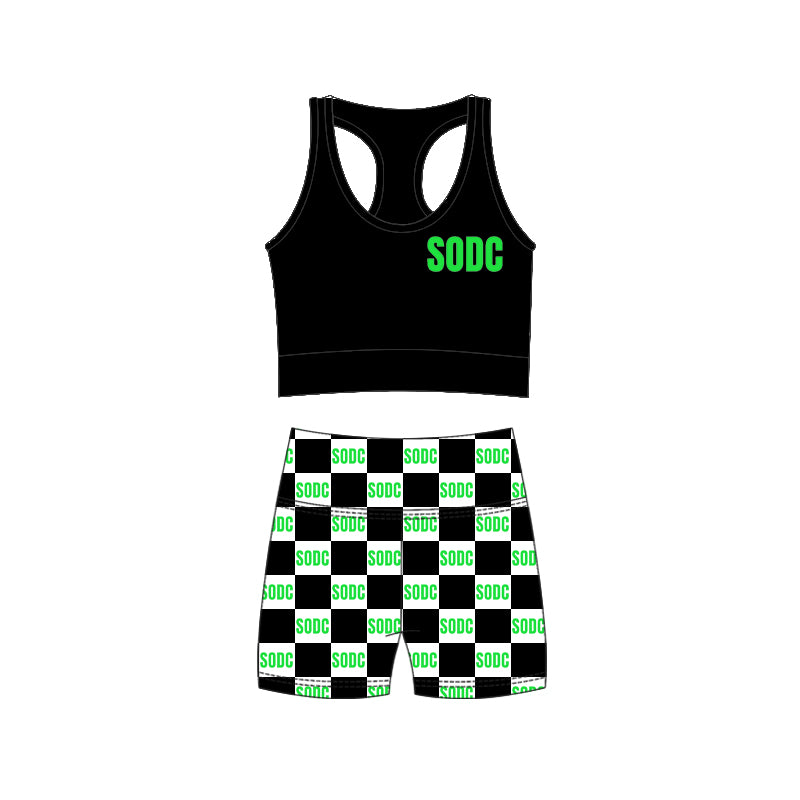 (Custom Design Preorder MOQ 5) Team's SODC Black Tank Top Plaid Shorts Girls Summer Yoga Clothes Set
