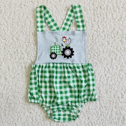 (Promotion)SR0019  Tractor Chicken Embroidery Green Plaid Print Baby Summer Bubble Romper