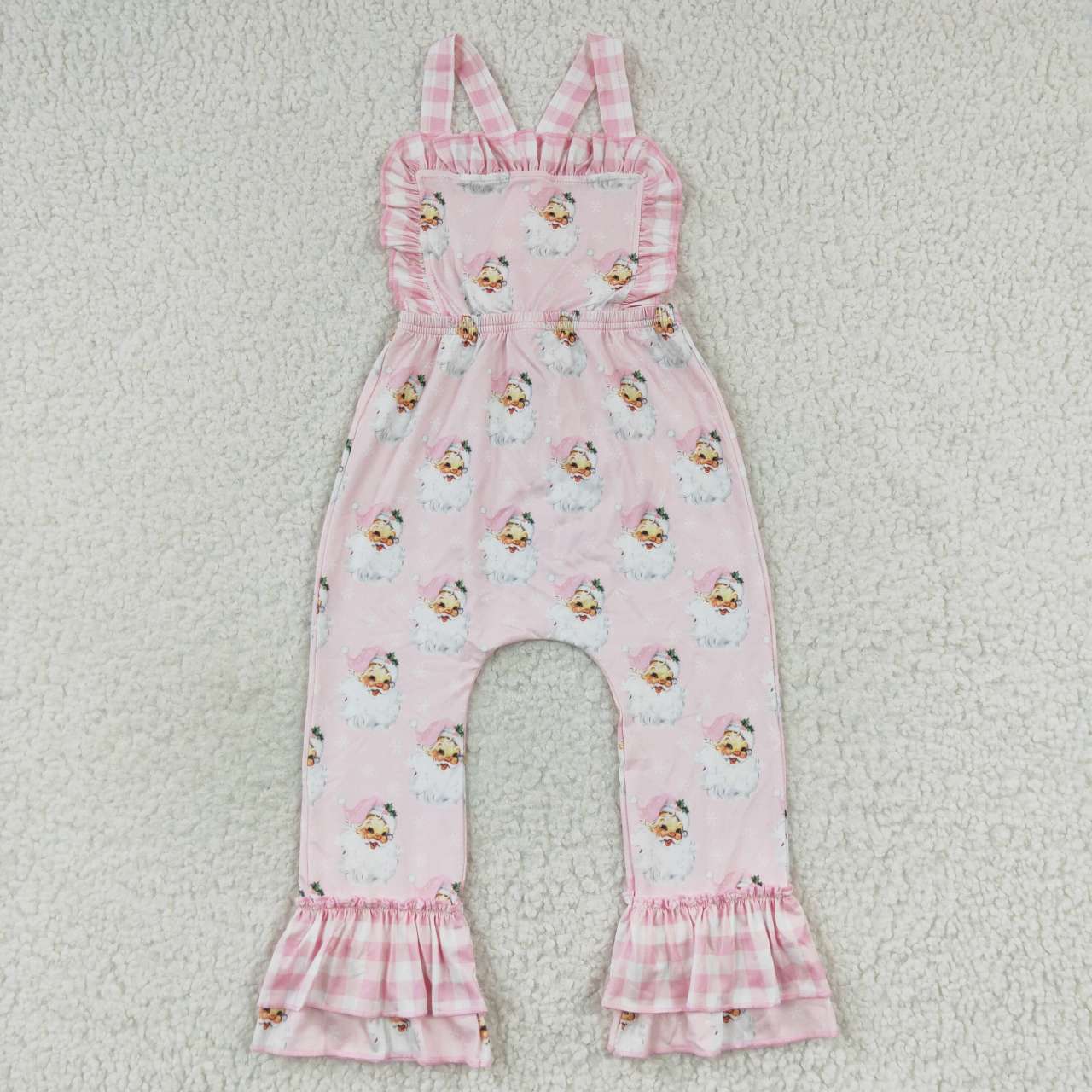 GLP0951 White Cotton Top Pink Santa Print Overall Girls Jumpsuits Christmas Clothes Sets