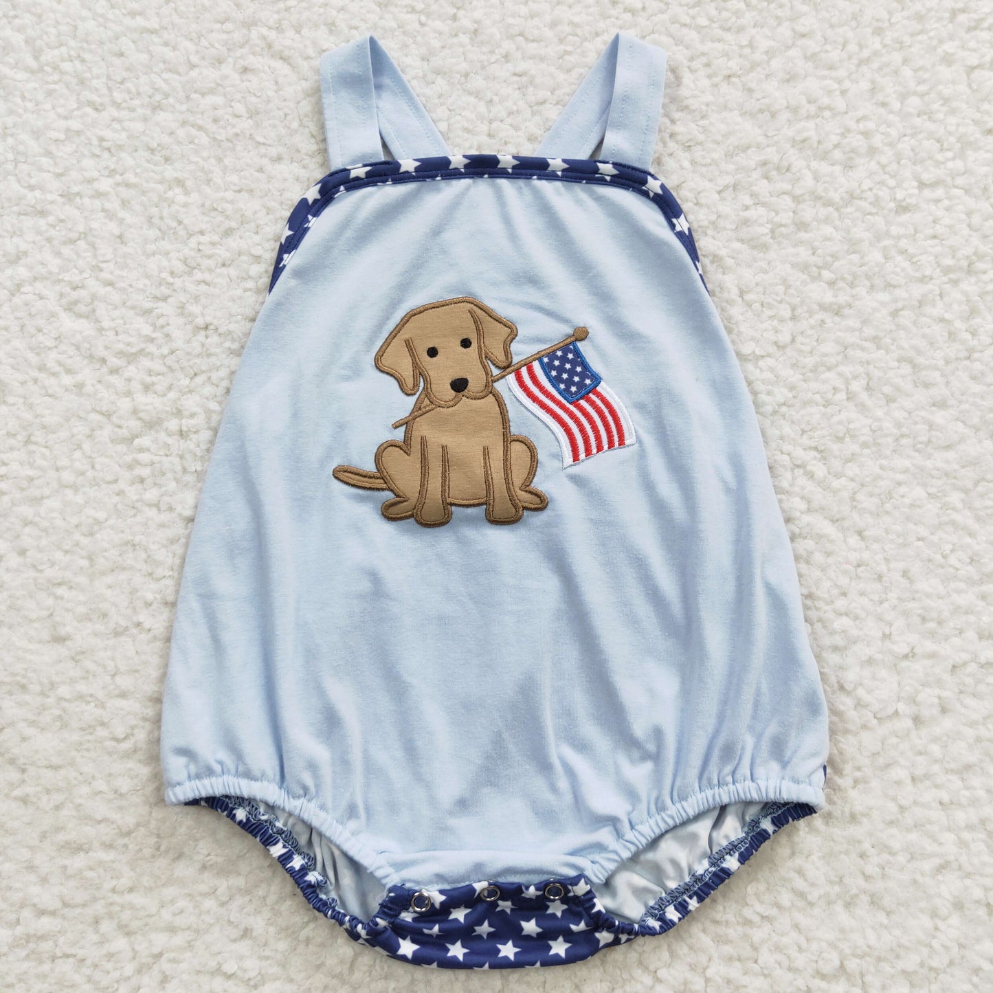 SR0331 Baby boys blue dog flag embroidery 4th of July bubble romper