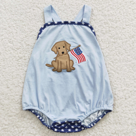 SR0331 Baby boys blue dog flag embroidery 4th of July bubble romper