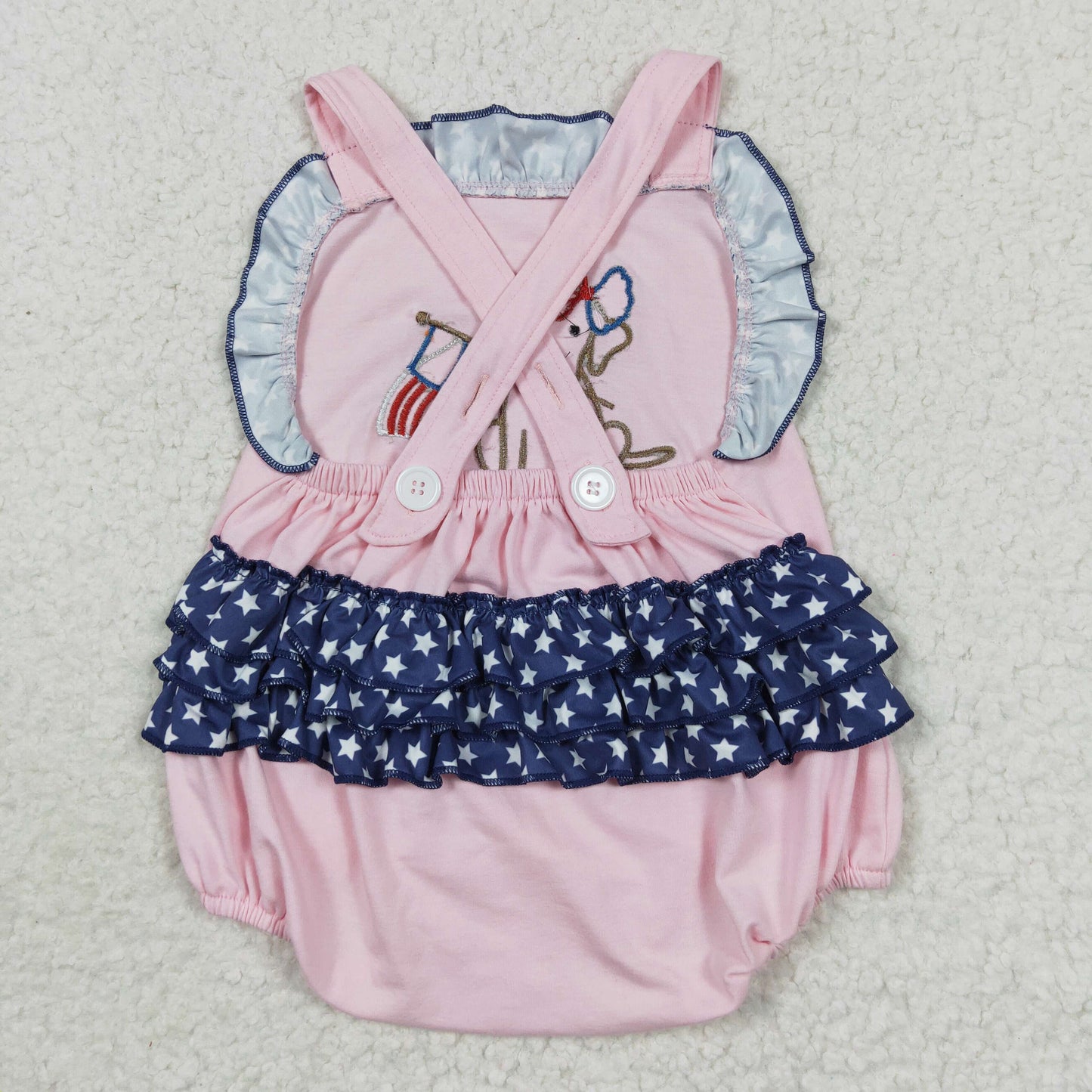 SR0332 Baby girls pink dog flag embroidery 4th of July bubble romper