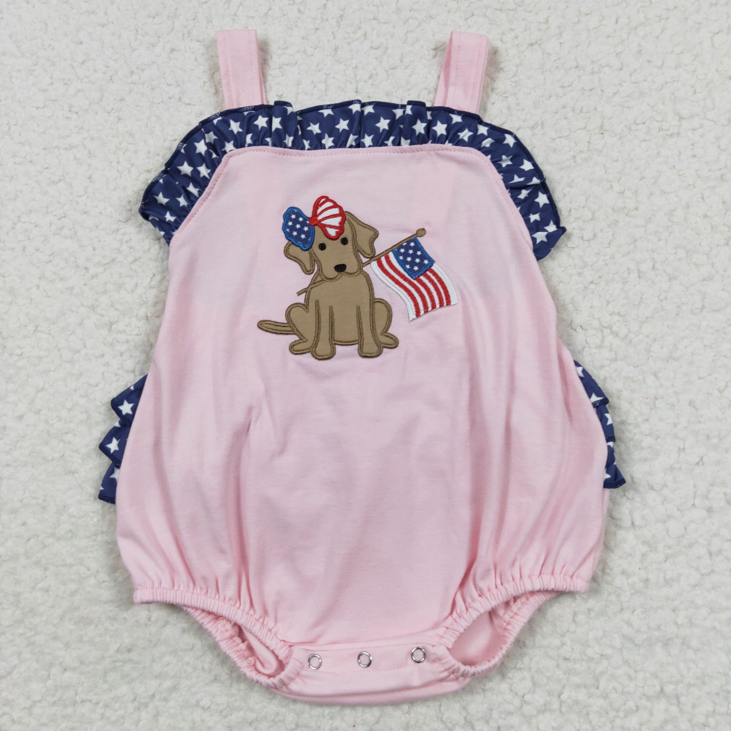 SR0332 Baby girls pink dog flag embroidery 4th of July bubble romper