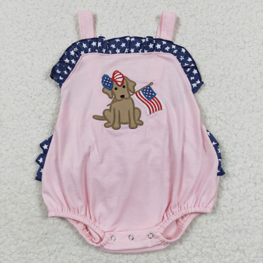 SR0332 Baby girls pink dog flag embroidery 4th of July bubble romper