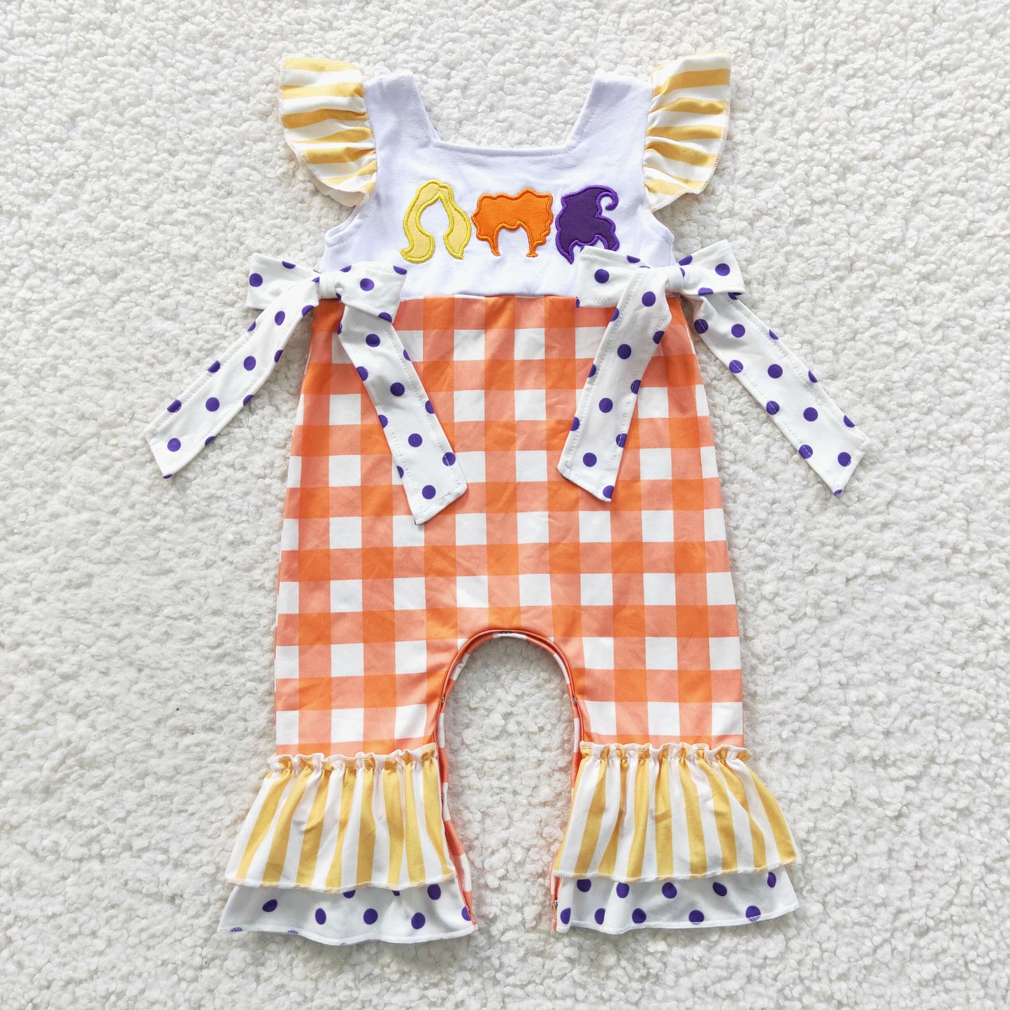 Girls flutter sleeves orange plaid embroidery Halloween romper SR0383